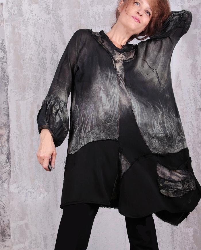 distressed reversible hand-printed batiste tunic with sculptural sleeves 
