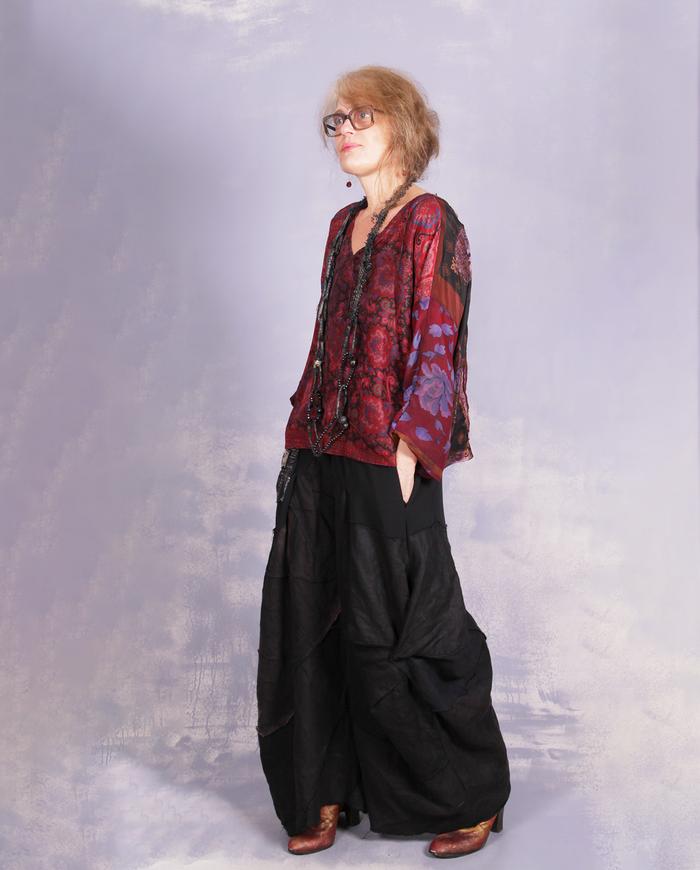 'a delicate enigma' mixed patterns silk blouse