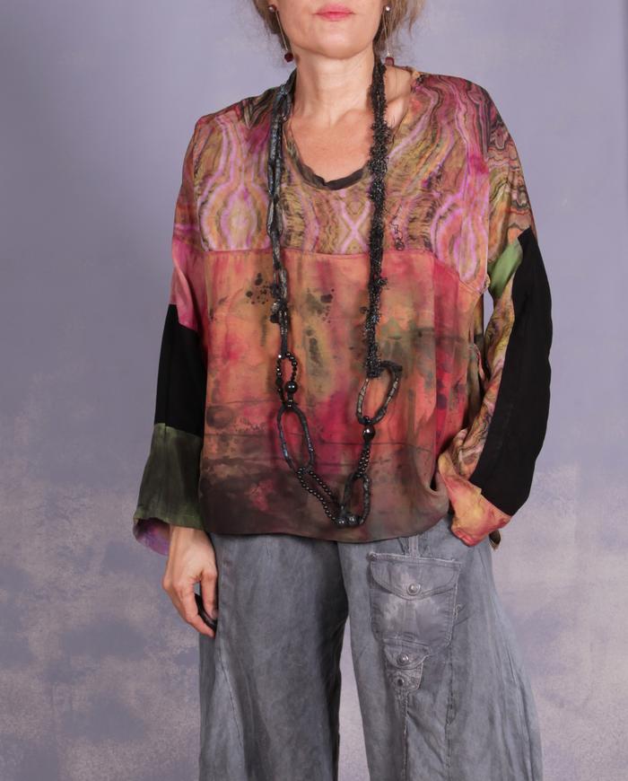 'buds, petals and gems' mixed fabrics art blouse