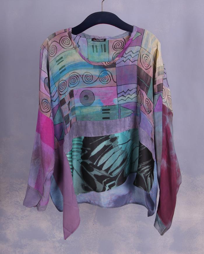 'elaborate doodles' mixed silks loose-fitting blouse