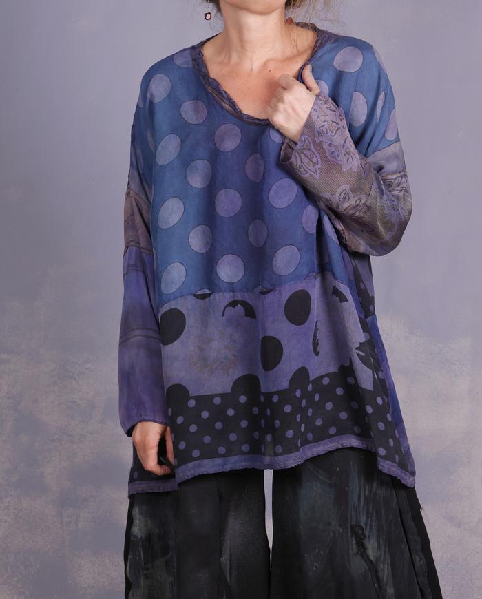 'daisies and polka dots' vintage silks distressed blouse