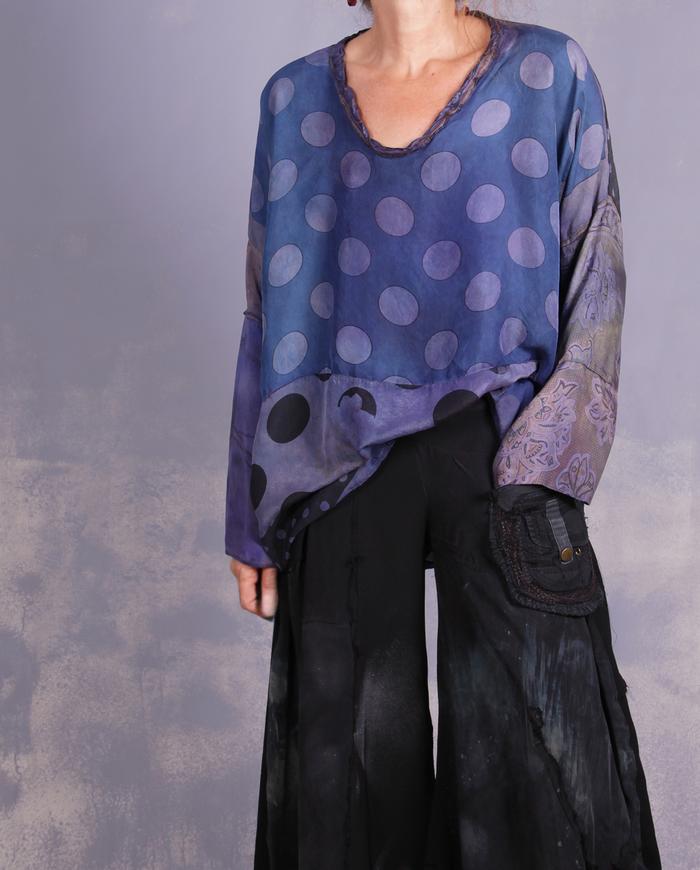 'daisies and polka dots' vintage silks distressed blouse