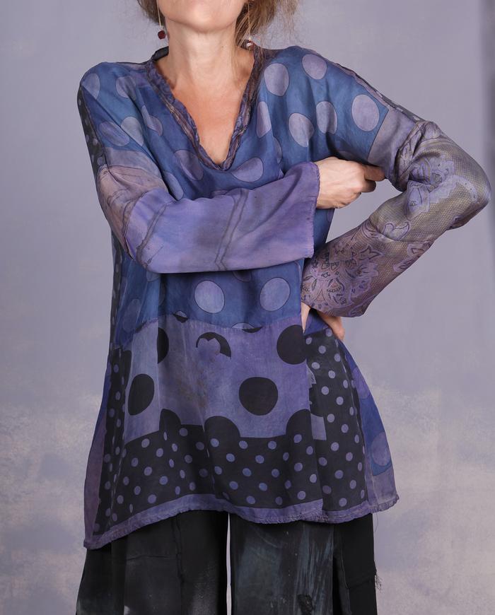 'daisies and polka dots' vintage silks distressed blouse