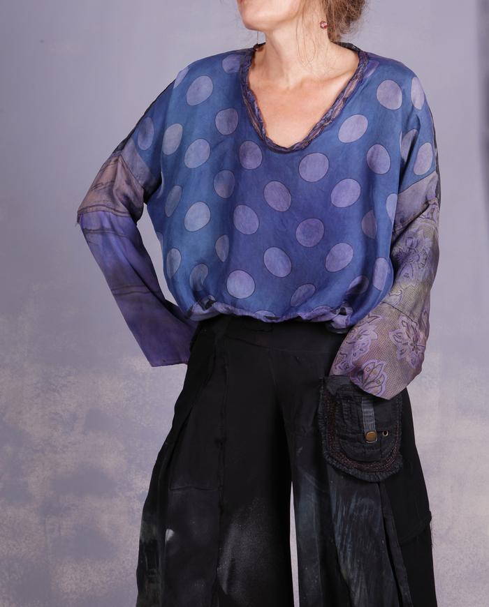 'daisies and polka dots' vintage silks distressed blouse