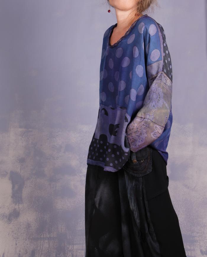 'daisies and polka dots' vintage silks distressed blouse