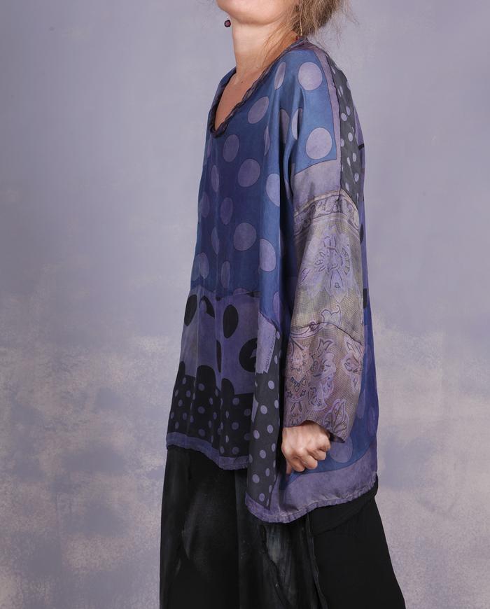 'daisies and polka dots' vintage silks distressed blouse