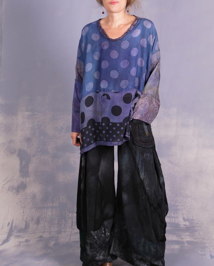 'daisies and polka dots' vintage silks distressed blouse