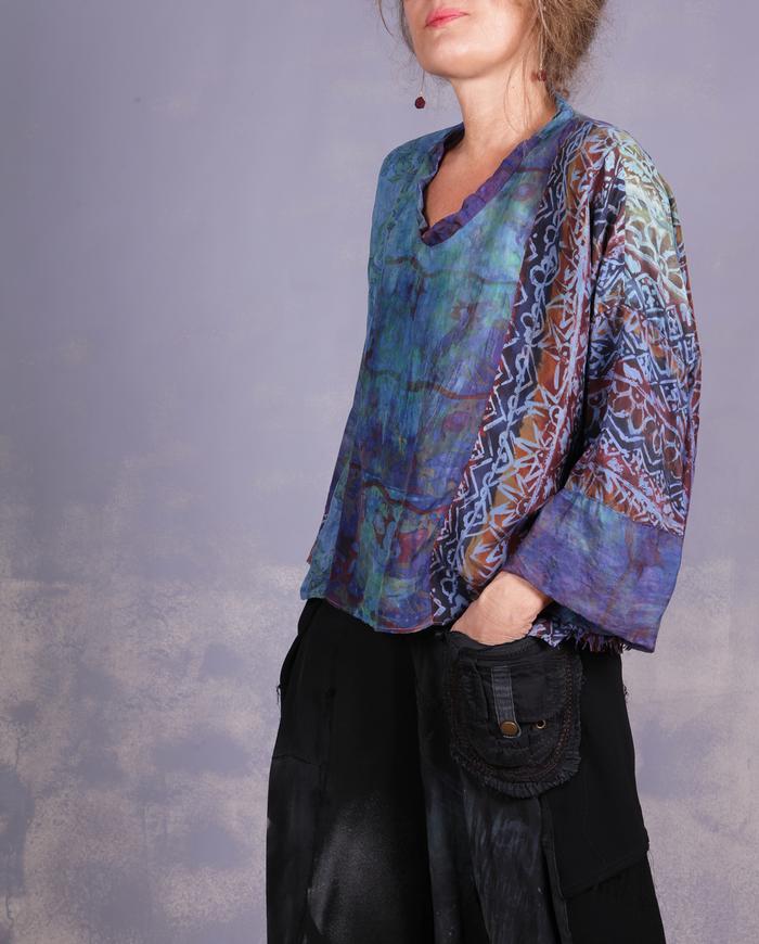 'an ocean in the desert' mixed silks art blouse