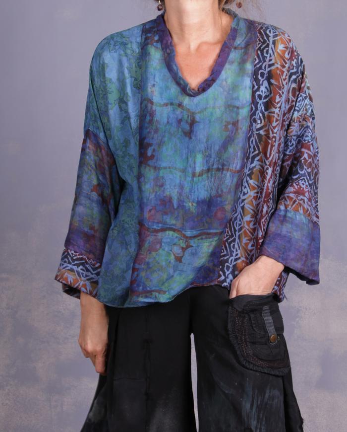 'an ocean in the desert' mixed silks art blouse