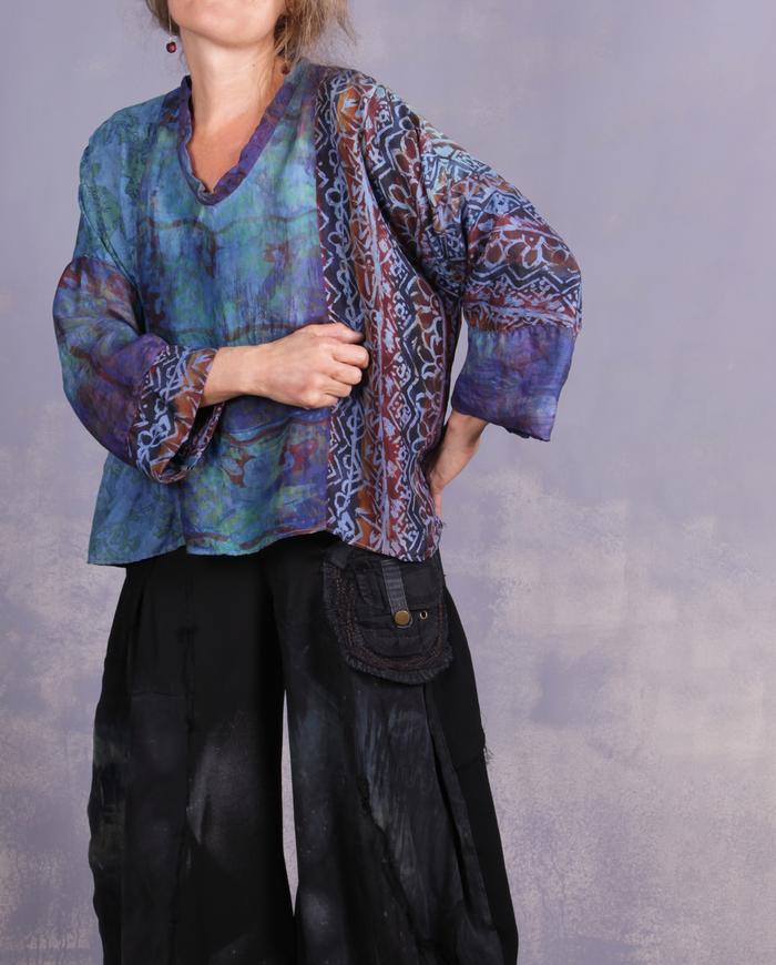 'an ocean in the desert' mixed silks art blouse