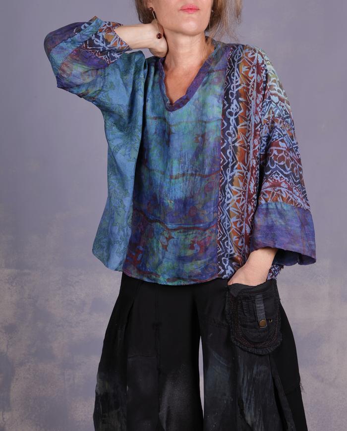 'an ocean in the desert' mixed silks art blouse