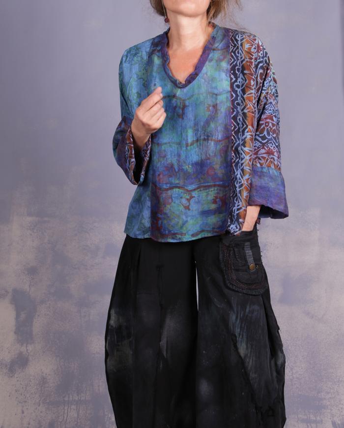 'an ocean in the desert' mixed silks art blouse