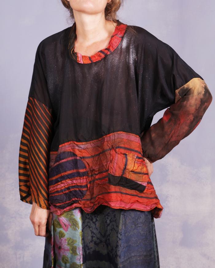 'mixing all the lines' mixed fabrics art blouse