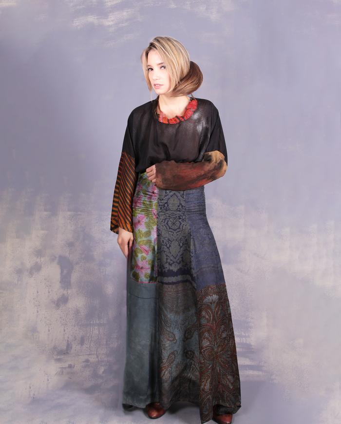 'mixing all the lines' mixed fabrics art blouse