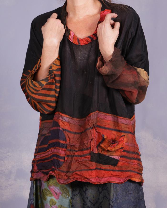 'mixing all the lines' mixed fabrics art blouse