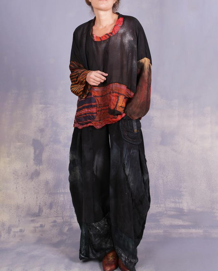 'mixing all the lines' mixed fabrics art blouse