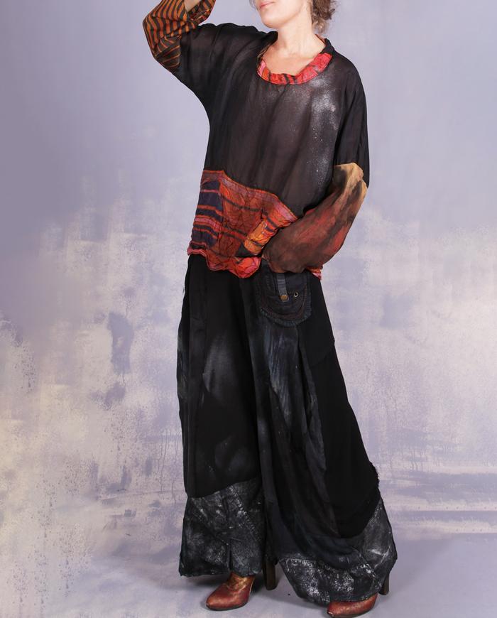 'mixing all the lines' mixed fabrics art blouse