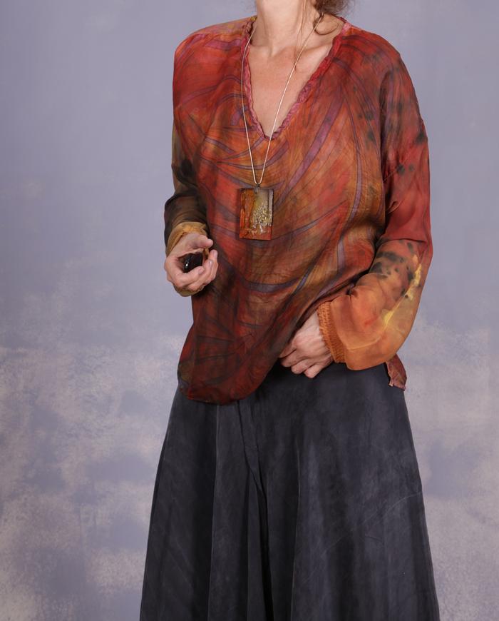 'brimming with energy' hand-painted vintage silks top