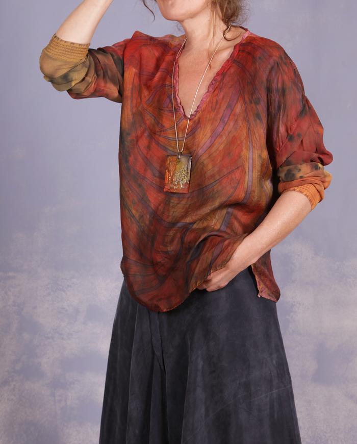 'brimming with energy' hand-painted vintage silks top