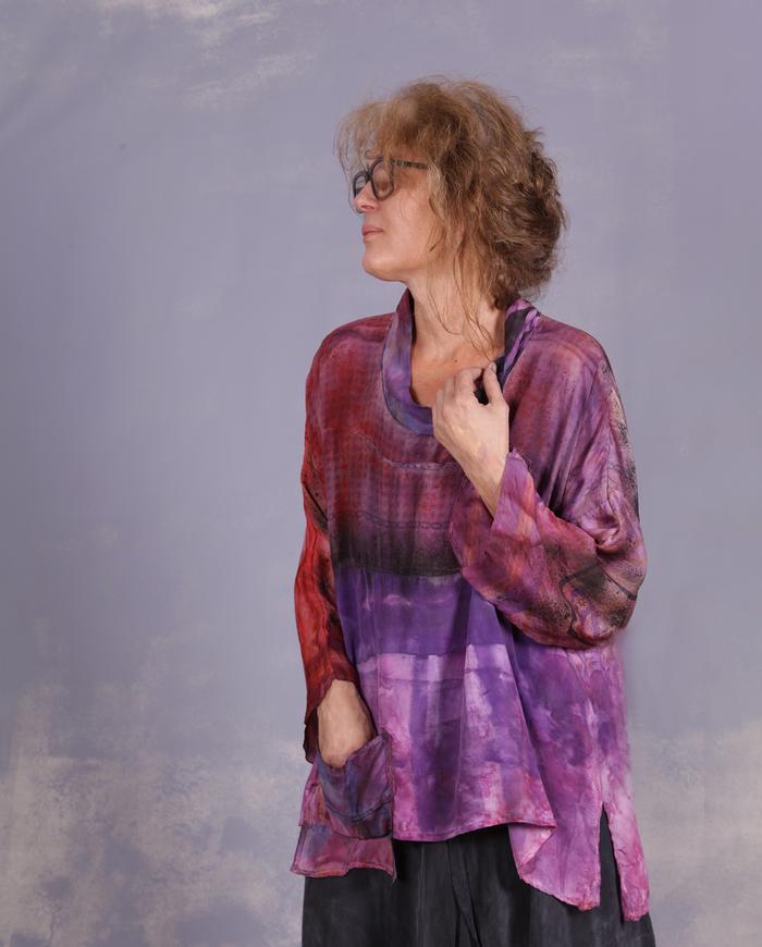 'fun on a carousel' mixed silks hand-painted top