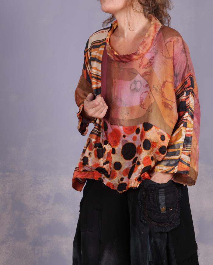'dots, lines and turns' mixed vintage fabrics roomy artisan blouse