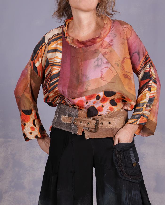 'dots, lines and turns' mixed vintage fabrics roomy artisan blouse