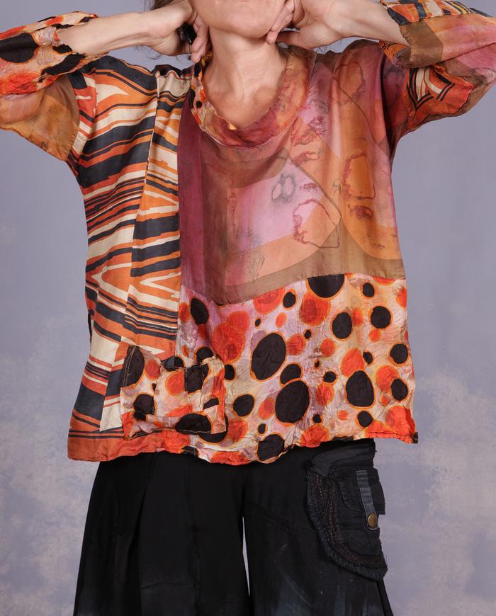 'dots, lines and turns' mixed vintage fabrics roomy artisan blouse