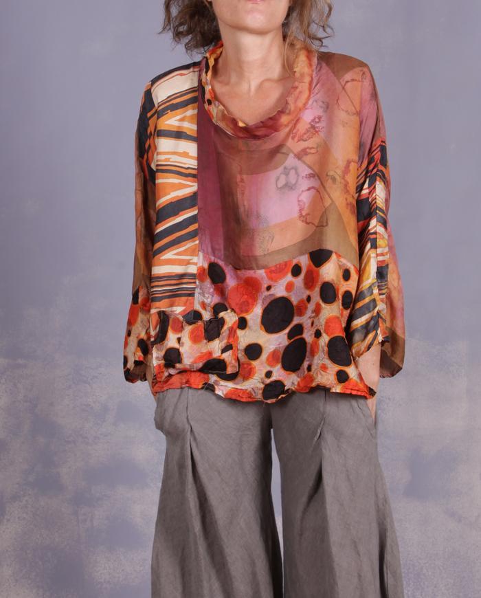 'dots, lines and turns' mixed vintage fabrics roomy artisan blouse