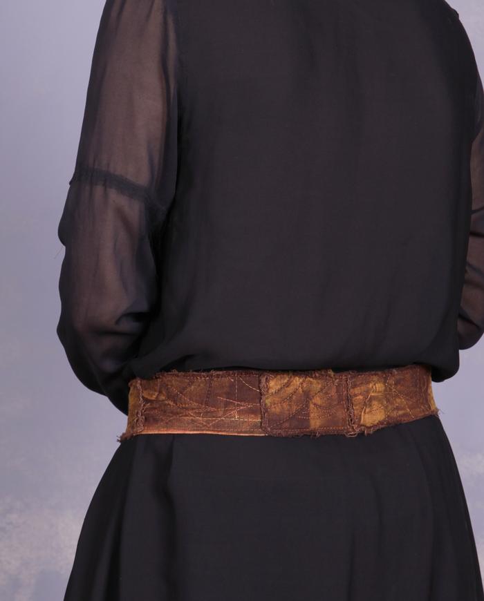 'time doesn't stay still' fiber art belt with vintage buckle