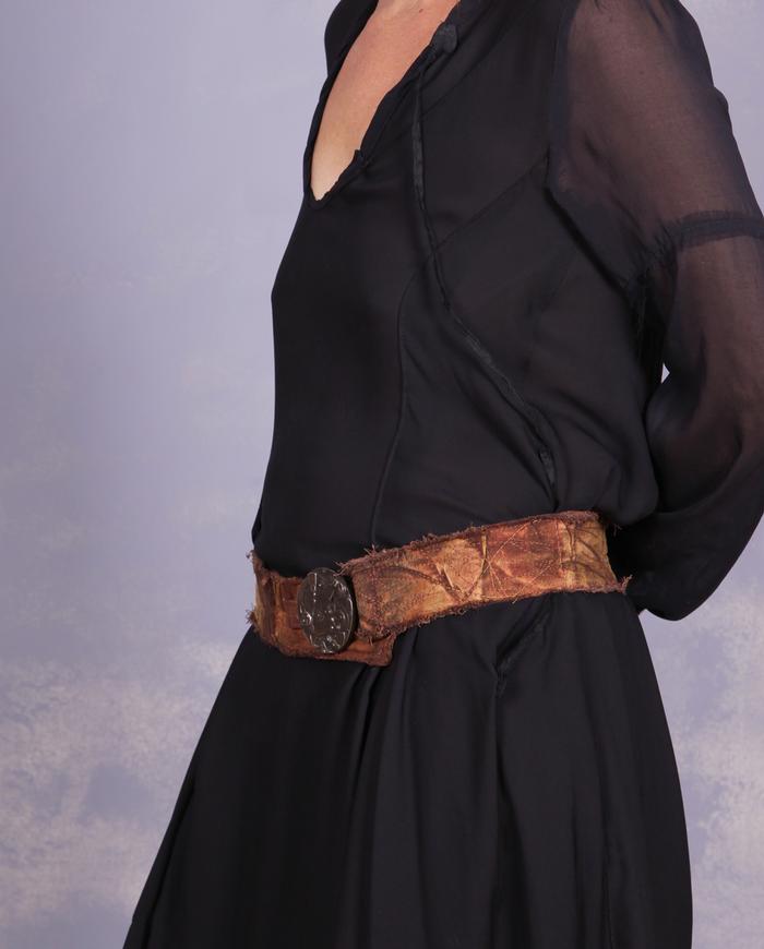 'time doesn't stay still' fiber art belt with vintage buckle