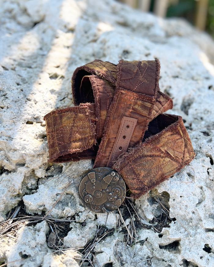 'time doesn't stay still' fiber art belt with vintage buckle