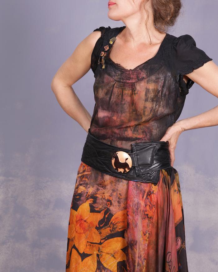 'no need to hold the horses' wide lambskin black belt with enamel vintage buckle