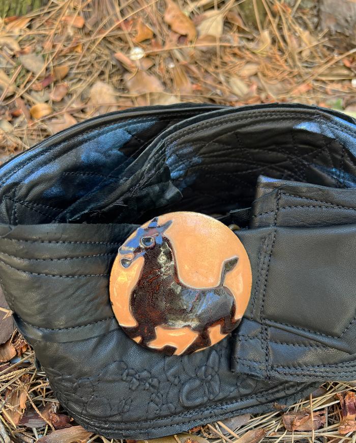 'no need to hold the horses' wide lambskin black belt with enamel vintage buckle