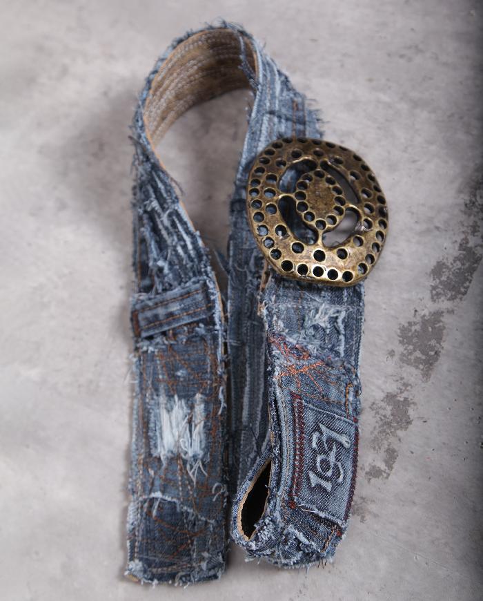 '1921 reasons to wear' distressed denim belt with vintage buckle