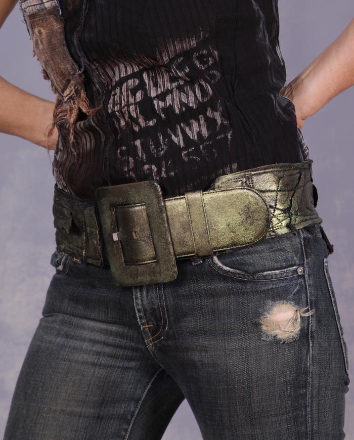 'a green gold flash' hand-textured iridescent leather belt