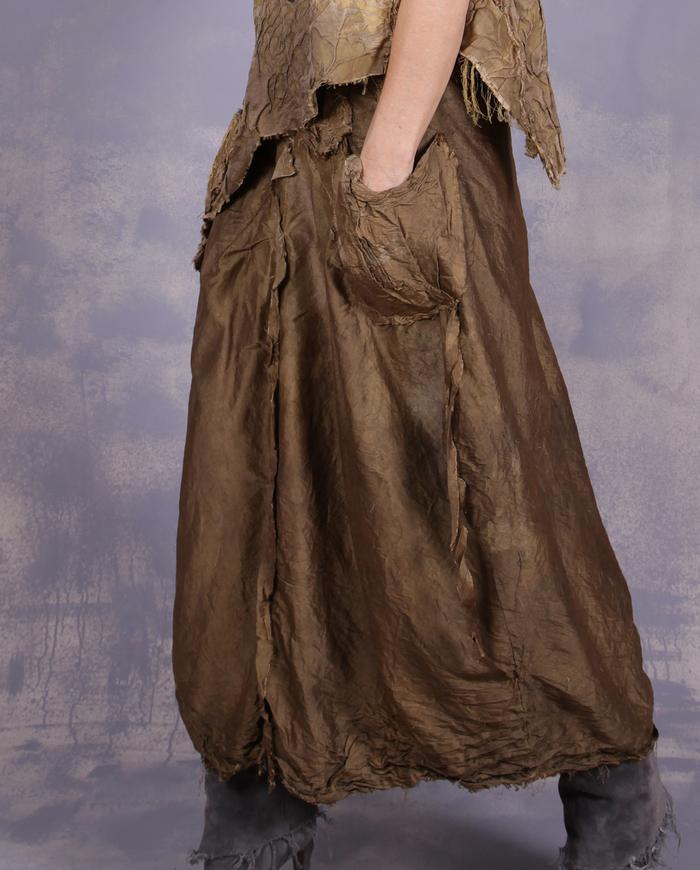 'bubbly as I am' distressed olive silk skirt and top set