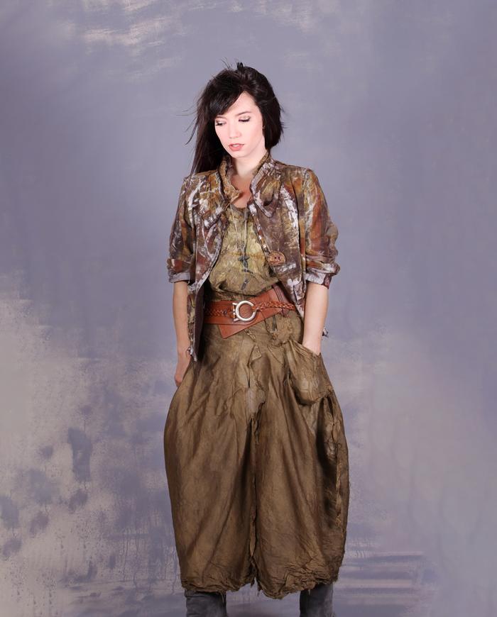 'bubbly as I am' distressed olive silk skirt and top set