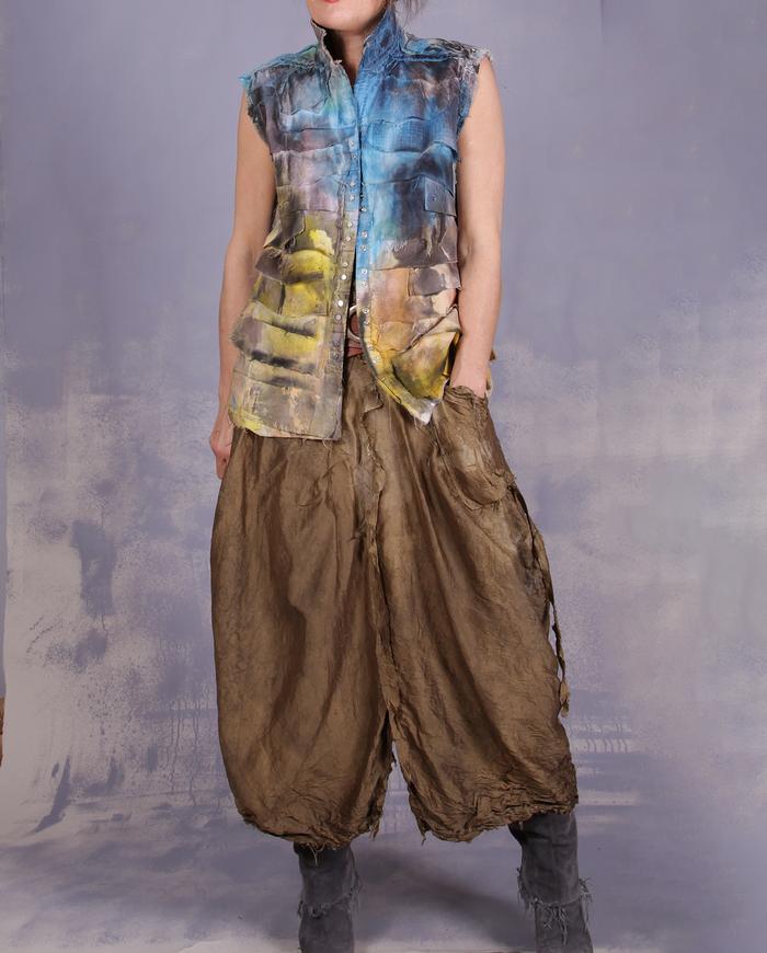 'bubbly as I am' distressed olive silk skirt and top set