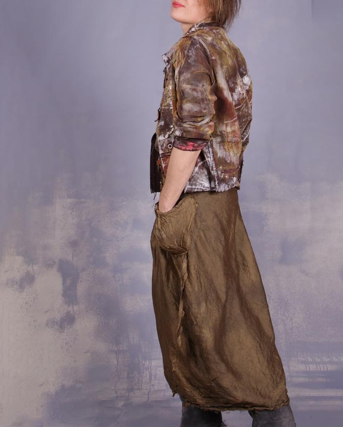 'bubbly as I am' distressed olive silk skirt and top set