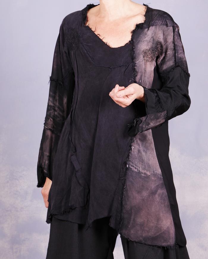 'a hopeless romantic' distressed sculptural asymmetrical blouse