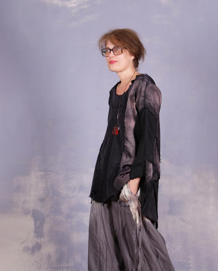 'a hopeless romantic' distressed sculptural asymmetrical blouse