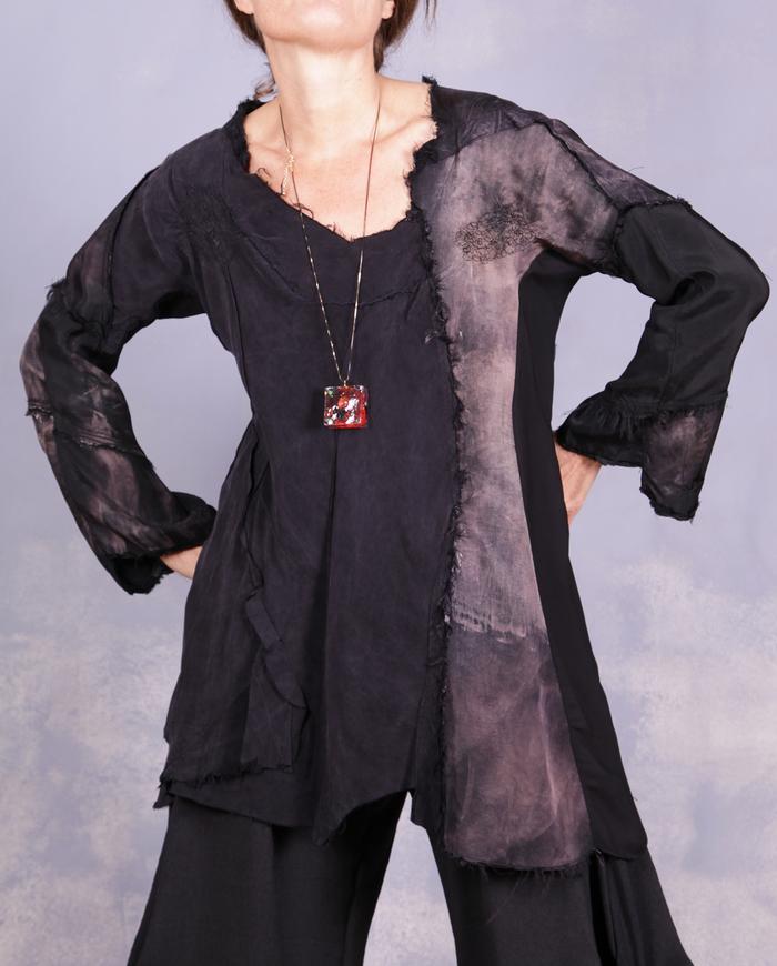 'a hopeless romantic' distressed sculptural asymmetrical blouse