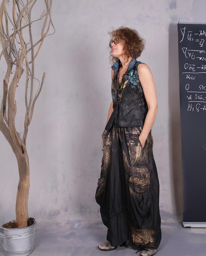 'midnight at noon' detailed distressed hand-painted cargo-style pants