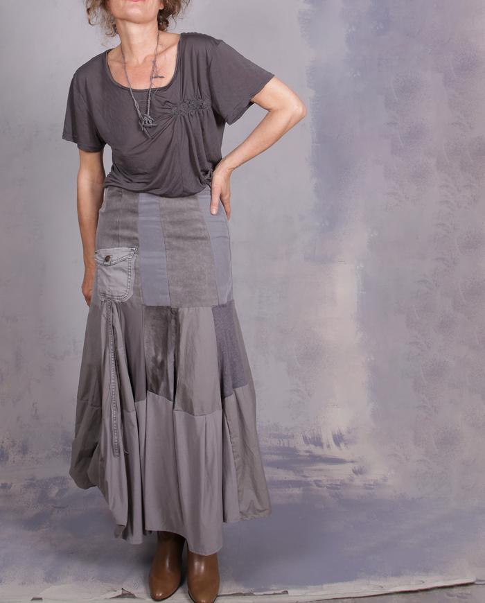 'stretchy, flowy, twirly' stone gray faux godet long skirt