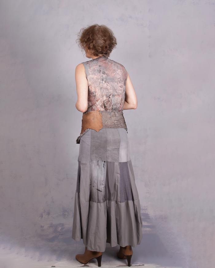'stretchy, flowy, twirly' stone gray faux godet long skirt