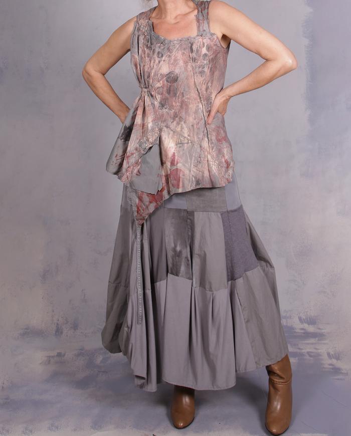 'stretchy, flowy, twirly' stone gray faux godet long skirt