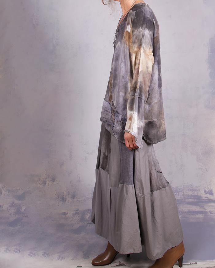 'stretchy, flowy, twirly' stone gray faux godet long skirt