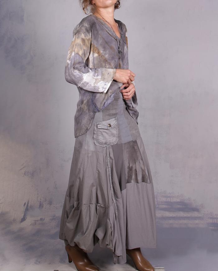 'stretchy, flowy, twirly' stone gray faux godet long skirt