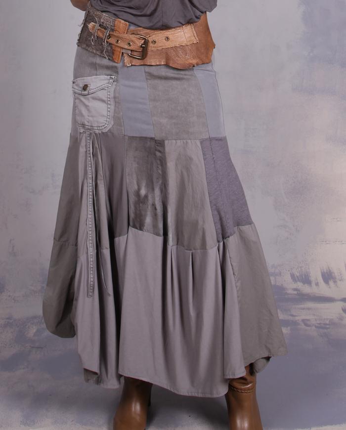 'stretchy, flowy, twirly' stone gray faux godet long skirt