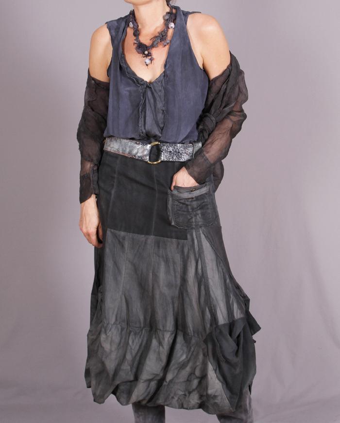 'full of flowing gunmetal' distressed gray asymmetrical stretch skirt